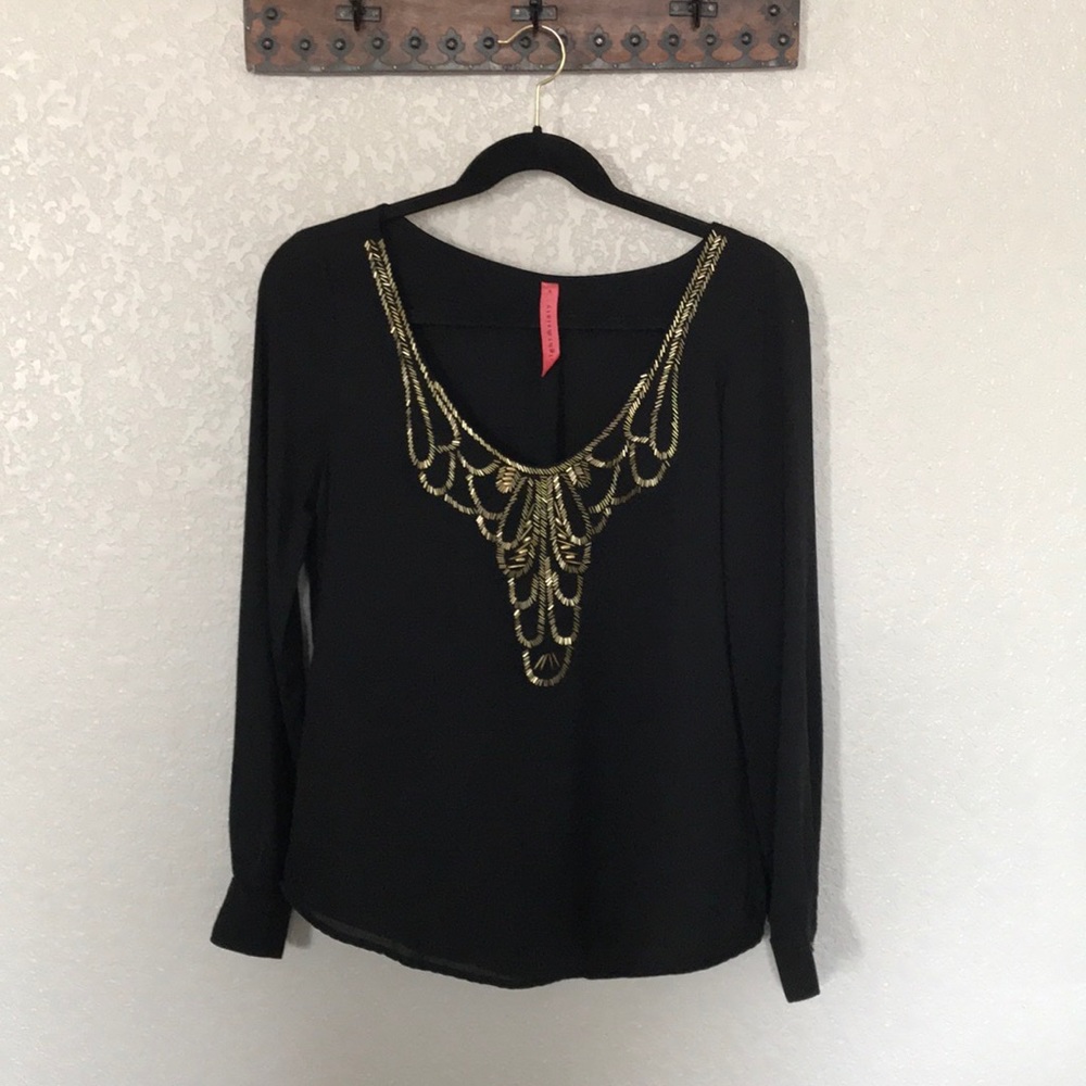 Eight Sixty black blouse w/ gold bead detail